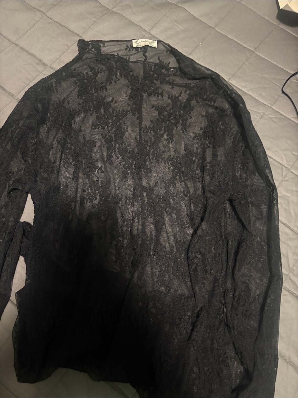 Free People Black Sheer Lace Long-Sleeve Chemise
